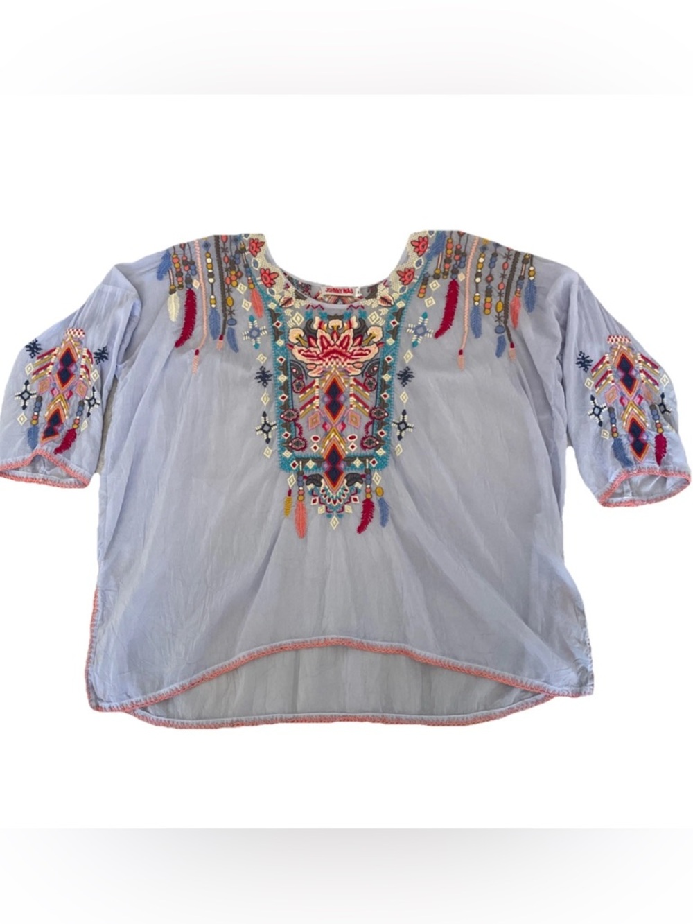 Johnny Was Bohemian Embroidered Blouse Top Light Periwinkle Medium 3/4 Sleeve